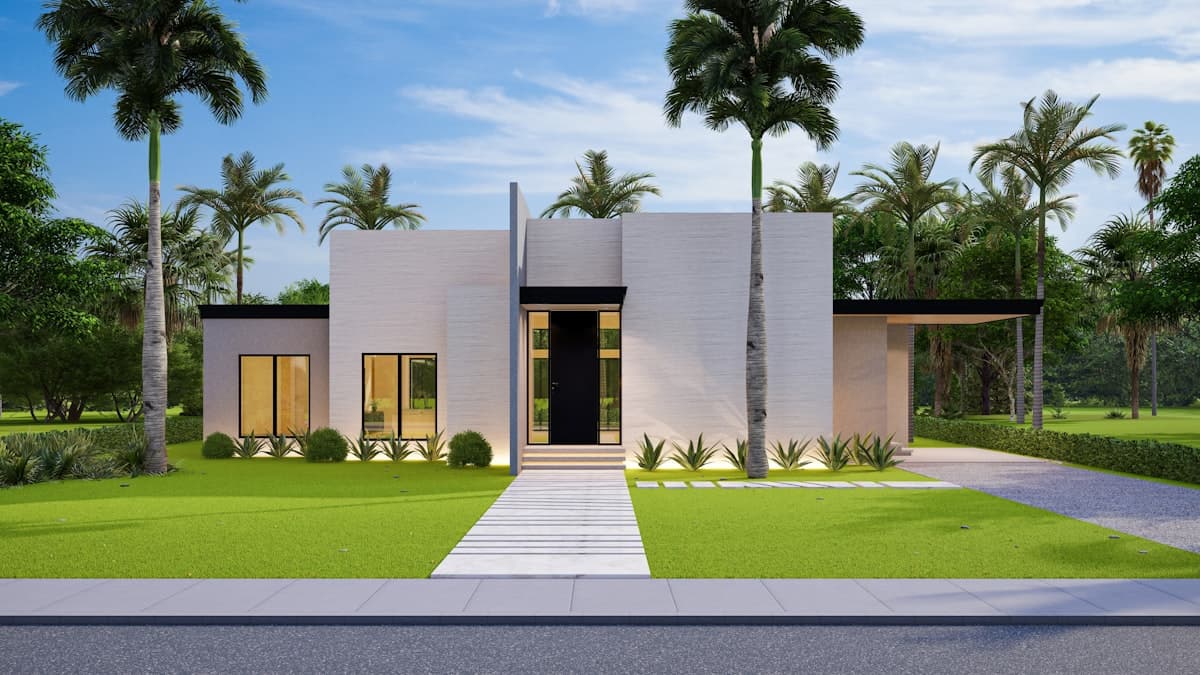 Modern home with palm trees and landscaped front yard