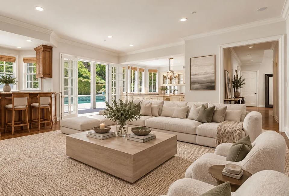 Bienveneda Estate family room with French doors opening to the pool